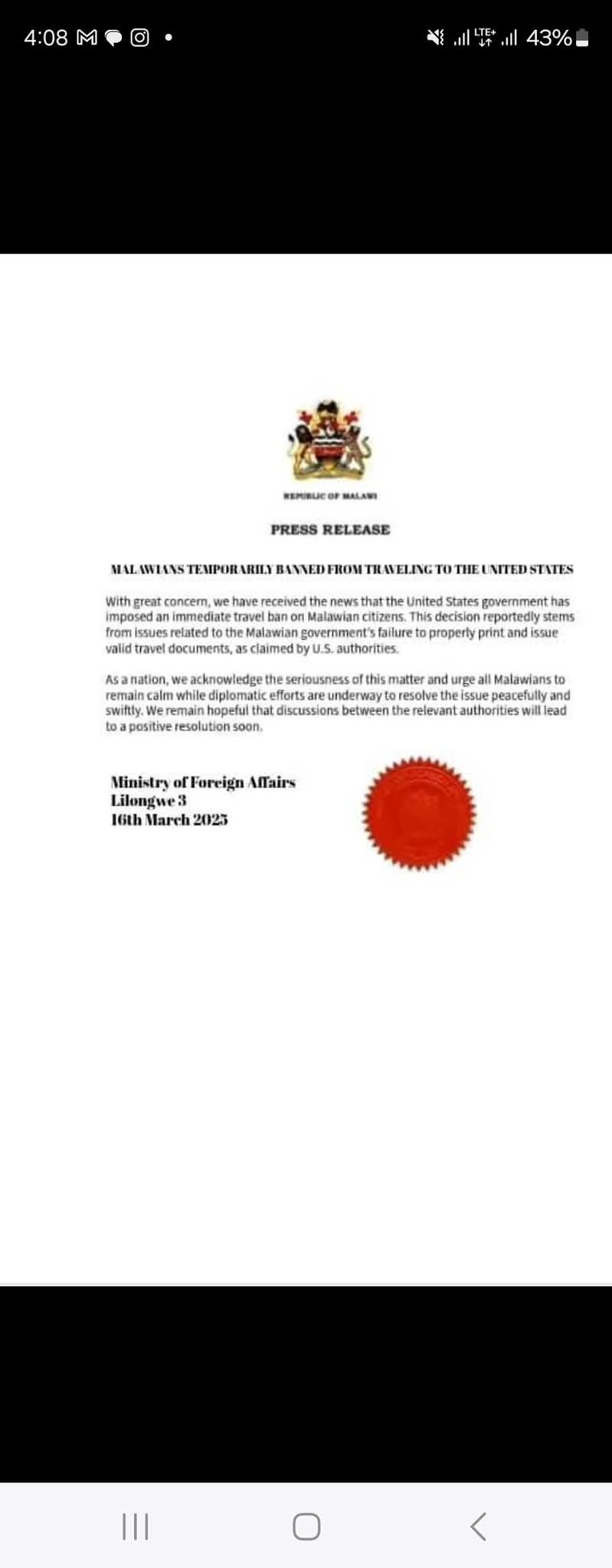 Ministry of Foreign Affairs did not release press statement titled ‘Malawians temporarily banned from travelling to the United States’