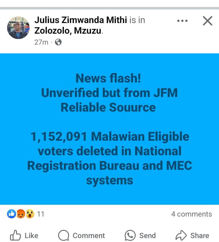 It is false that 1,152,091 eligible voters have been deleted from National Registration Bureau and Malawi Electoral Commission systems