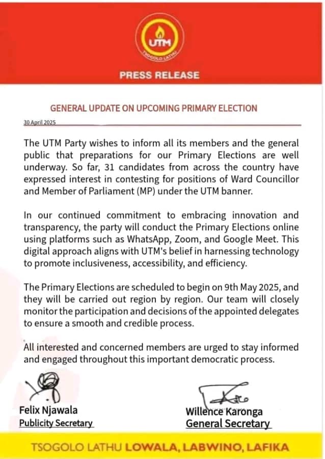 It is false that UTM party will conduct its primary elections online