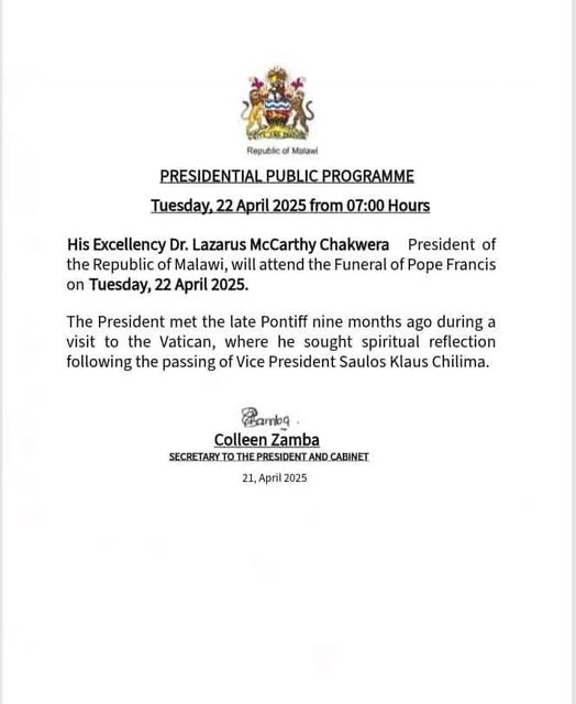 False information on President Dr. Lazarus Chakwera attending funeral of Pope Francis
