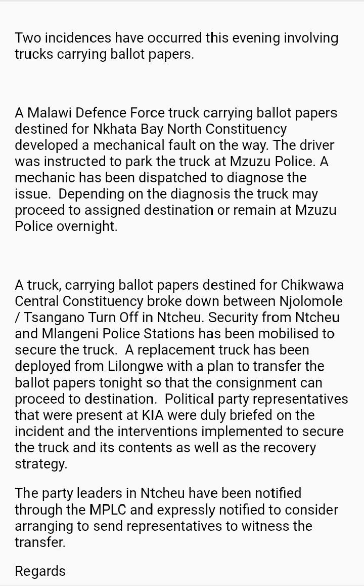 Trucks carrying ballot papers indeed broke down in Mzuzu, Ntcheu