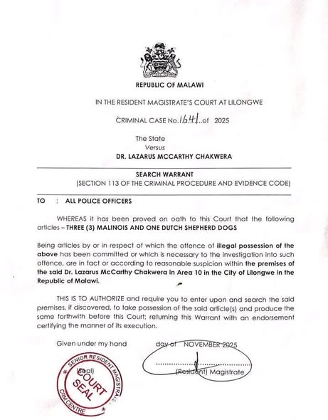 It is false that court issued warrant of arrest for former Malawi president Dr. Lazarus Chakwera